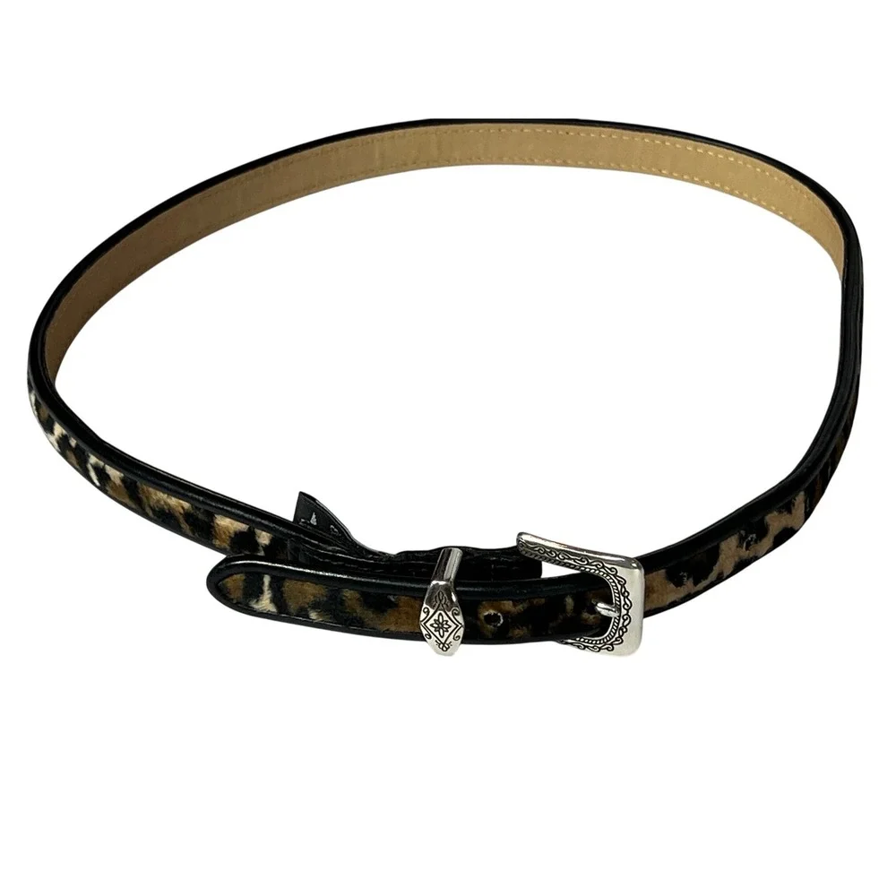 Brighton Womens Leopard Print Calf‎ Hair Leather Skinny Belt Silver Buckle M 30
